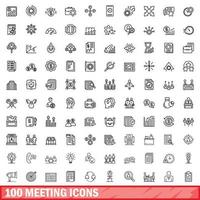 100 iconos de reunión establecidos, estilo de contorno vector