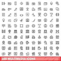 100 multimedia icons set, outline style vector