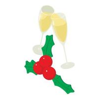New year icon isometric vector. Two glass of champagne and red holly berry icon vector