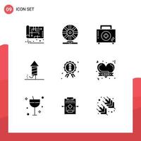 Pack of 9 creative Solid Glyphs of fireworks christmas laboratory fitness disease Editable Vector Design Elements