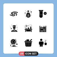 Solid Glyph Pack of 9 Universal Symbols of flask chemistry add worker man Editable Vector Design Elements