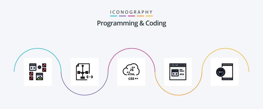 línea de programación y codificación llena de paquete de iconos planos 5 que incluye codificación. aplicación documento. desarrollo. codificación vector