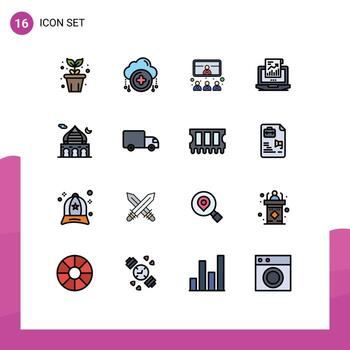 16 Universal Flat Color Filled Lines Set for Web and Mobile Applications computer sales call report video Editable Creative Vector Design Elements