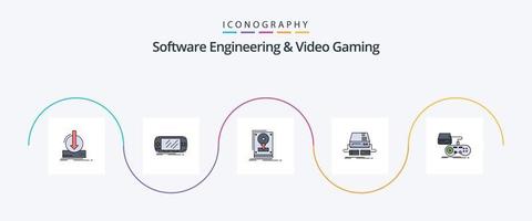Software Engineering And Video Gaming Line Filled Flat 5 Icon Pack Including gaming. console. gaming. upload. hdd vector