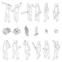 Kids playing cricket icons set vector outline