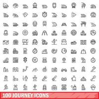 100 conjunto de iconos de viaje, estilo de contorno vector