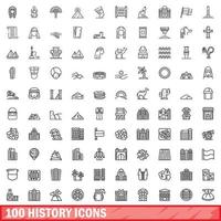 100 history icons set, outline style vector