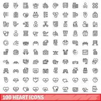 100 heart icons set, outline style vector