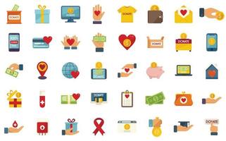 Charitable giving icons set flat vector. Donate food vector