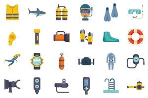 Diving school icons set flat vector. Beach active vector