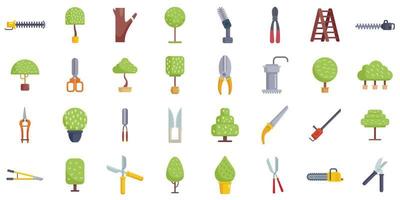 Tree trimming icons set flat vector. Chainsaw tree vector