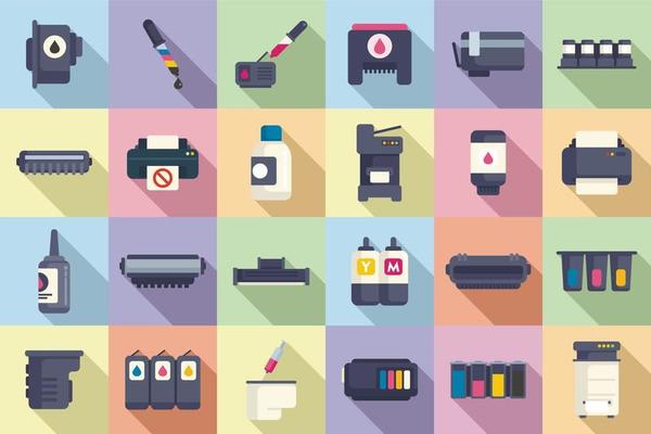 Cartridge filling icons set flat vector. Computer copier