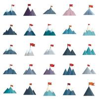 Flag on mountain icons set flat vector. Career goal vector