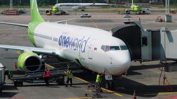 MOSCOW, RUSSIAN FEDERATION JULY 24, 2021 - Passenger Boeing 737 of S7 airlines arrived at Domodedovo International Airport, Moscow DME. Unload luggage. Passengers get off the telescopic bridge video