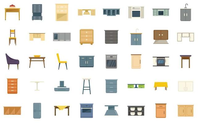 Kitchen furniture icons set flat vector. Apartment comfort