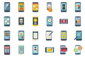 Using smartphone icons set flat vector. App addiction vector