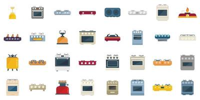 Burning gas stove icons set flat vector. Kitchen cooking vector