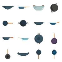 Wok frying pan icons set flat vector. Meat tools vector