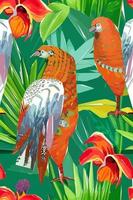 colorida ilustración de pájaro, flores, hojas. vector para papeles pintados, telas, envoltorios, postales, tarjetas de felicitación, invitaciones de boda, pancartas.