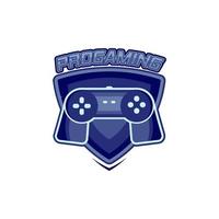 logotipo de esport de jugador con gamepad y símbolo de escudo vector