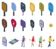 Los iconos de pickleball establecen un vector isométrico. hombre del juego