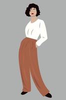 Modern young businesswoman is standing. girl in casual clothes makes a greeting gesture. Flat vector cartoon illustration isolated on gray background. Contemporary art. Minimal illustration, eps 10