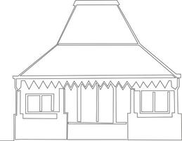 línea continua de dibujos de casas tradicionales de joglo javanés en blanco y negro vector