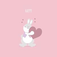 animal mascota conejito conejo y corazón, día de san valentín, pascua feliz, personaje de dibujos animados de ilustración de vector plano