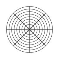 plantilla de la rueda de la vida. herramienta de entrenamiento simple para visualizar todas las áreas de la vida. cuadrícula polar de 8 segmentos y 8 círculos concéntricos. papel cuadriculado polar en blanco. diagrama circular del equilibrio del estilo de vida. vector