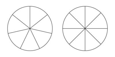 Pie chart, diagram set, seven and eight sections or steps. Circle icons for infographic, presentation, web design, user interface. Simple business chart.