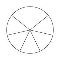 Circle divided in 7 segments. Pizza or pie round shape cut in equal slices. Outline style. Simple chart. vector