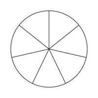 Circle divided in 7 segments. Pizza or pie round shape cut in equal slices. Outline style. Simple chart. vector