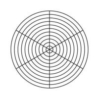 Polar grid of 6 segments and 10 concentric circles. Blank polar graph paper. Circle diagram of lifestyle balance. Wheel of life template. Coaching tool. vector