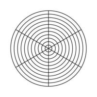 cuadrícula polar de 6 segmentos y 10 círculos concéntricos. papel cuadriculado polar en blanco. diagrama circular del equilibrio del estilo de vida. plantilla de la rueda de la vida. herramienta de entrenamiento. vector