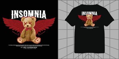 insomnia typography with winged bear for streetwear t-shirt design and urban style, hoodies, etc. vector