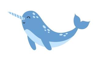 Vector blue narwhal. Cute marine life animal in flat design. Narwhal with horn.