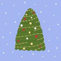 Christmas tree and snowflakes. Cute vector illustration of green fir tree on blue background. Vector clipart for winter celebration.