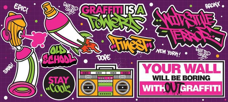 A set of colorful or vibrant graffiti art stickers. Street art theme, urban style for T-shirt design, graffiti design for wallpaper, wall art or print art designs.