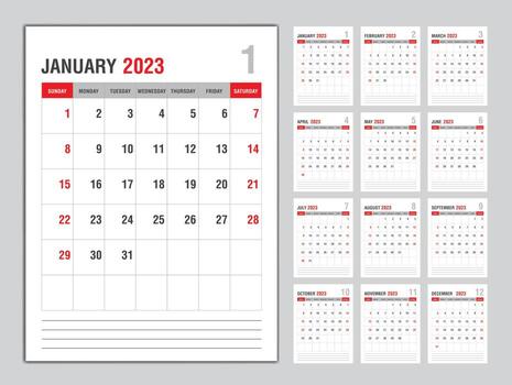 Monthly calendar template for 2023 year, Week Starts on sunday, Planner 2023 year, Wall calendar in a minimalist style, desk calendar 2023 template vertical layout, Business template Vector