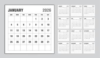 Calendar 2026 year black design, Monthly calendar template for 2026 year, Week Starts on sunday, Minimalist Wall calendar 2026 template, planner, Business template Vector