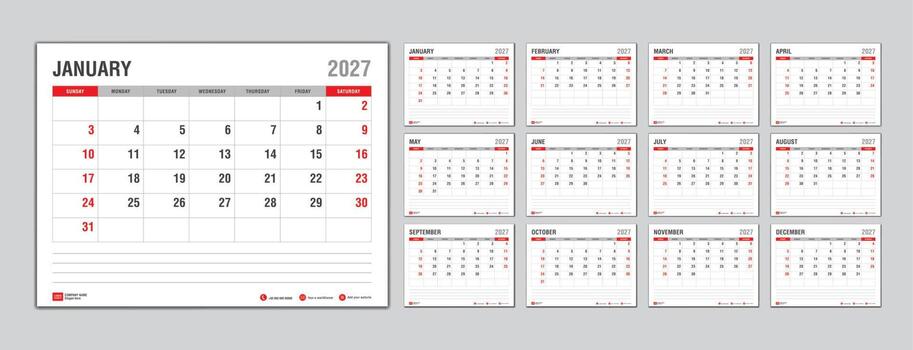 plantilla de calendario mensual para el año 2027, la semana comienza el domingo, planificador del año 2027, calendario de pared en un estilo minimalista, plantilla de calendario de escritorio 2027, diseño de calendario de año nuevo, vector de plantilla de negocio