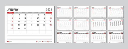 plantilla de calendario mensual para el año 2023, la semana comienza el domingo, planificador del año 2023, calendario de pared de estilo minimalista, plantilla de calendario de escritorio 2023, diseño de calendario de año nuevo, vector de plantilla de negocio