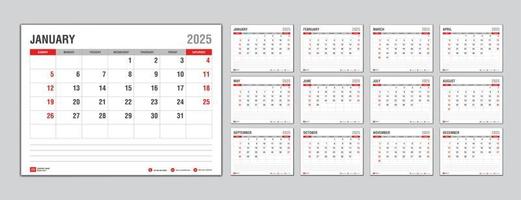 Monthly calendar template for 2025 year, Week Starts on sunday, Planner 2025 year, Wall calendar in a minimalist style, desk calendar 2025 template, New Year Calendar Design, Business template Vector