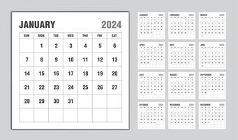 calendario 2024 año diseño negro, plantilla de calendario mensual para el año 2024, la semana comienza el domingo, plantilla de calendario de pared minimalista 2024, planificador, vector de plantilla de negocio