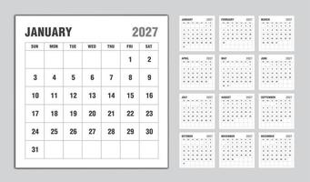 Calendar 2027 year black design, Monthly calendar template for 2027 year, Week Starts on sunday, Minimalist Wall calendar 2027 template, planner, Business template Vector