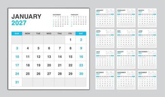 Calendar 2026 year blue design, Monthly calendar template for 2026 year, Week Starts on sunday, Minimalist Wall calendar 2026 template, planner, Business template Vector