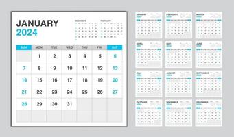 Calendar 2024 year blue design, Monthly calendar template for 2024 year, Week Starts on sunday, Minimalist Wall calendar 2024 template, planner, Business template Vector