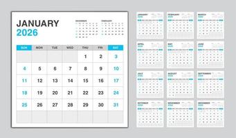 diseño azul del calendario 2026, plantilla de calendario mensual para el año 2026, la semana comienza el domingo, plantilla de calendario de pared minimalista 2026, planificador, vector de plantilla de negocio