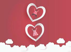 cute love paper art valentine day. with lovely valentine boy and girl fly heart, paper cut on red background, white sky, clouds, origami style vector. paper for valentine card, gift, poster, postcard. vector