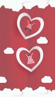 lindo amor papel arte día de san valentín. con un encantador corazón volador de niño y niña de San Valentín, corte de papel sobre fondo rojo, cielo blanco, nubes, vector de estilo origami. papel para tarjeta de San Valentín, regalo, afiche, postal.